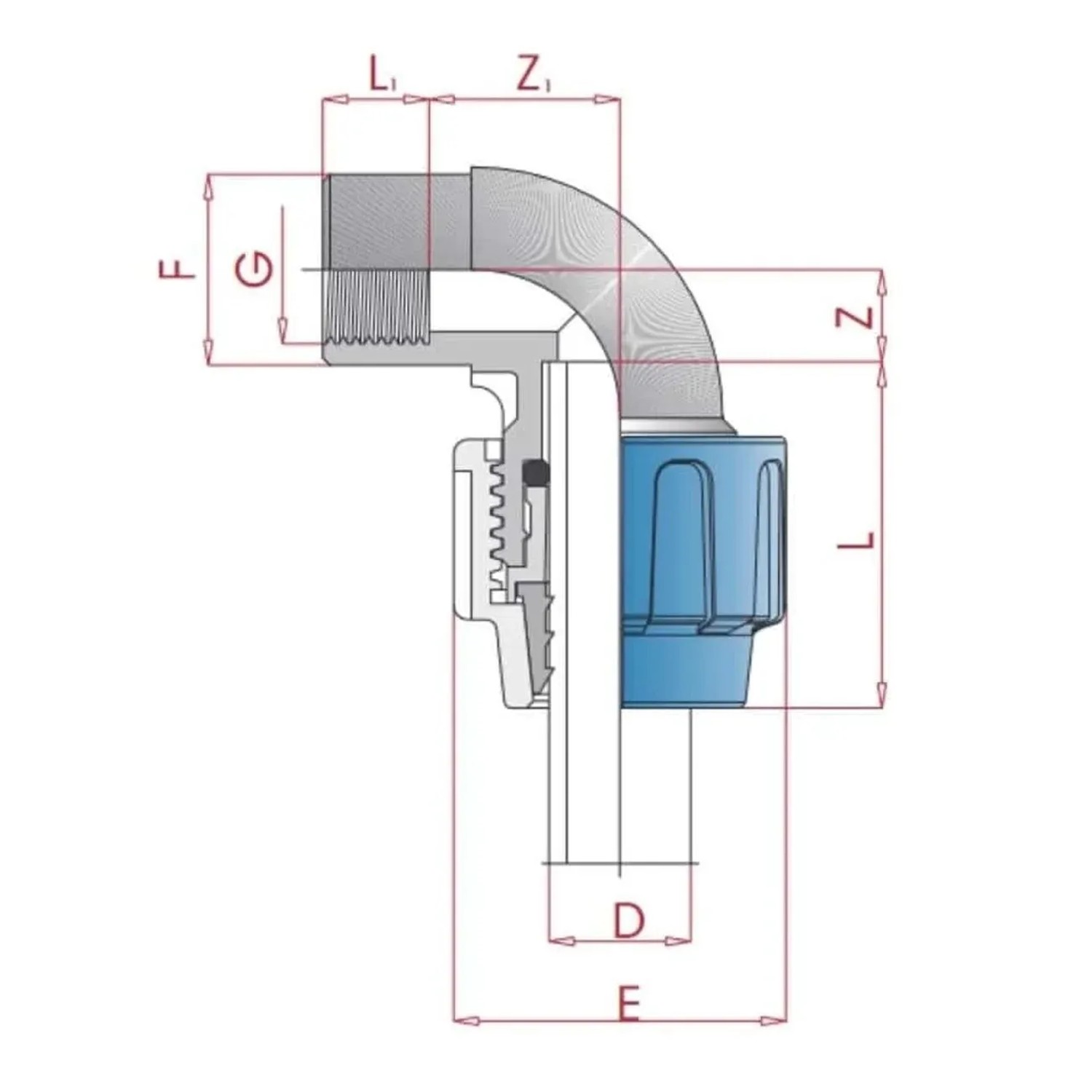 Cepex PP-PE Verschraubung 90° Winkel 16 x 1/2 IG, Kunststoff Fitting für Rohrsysteme.