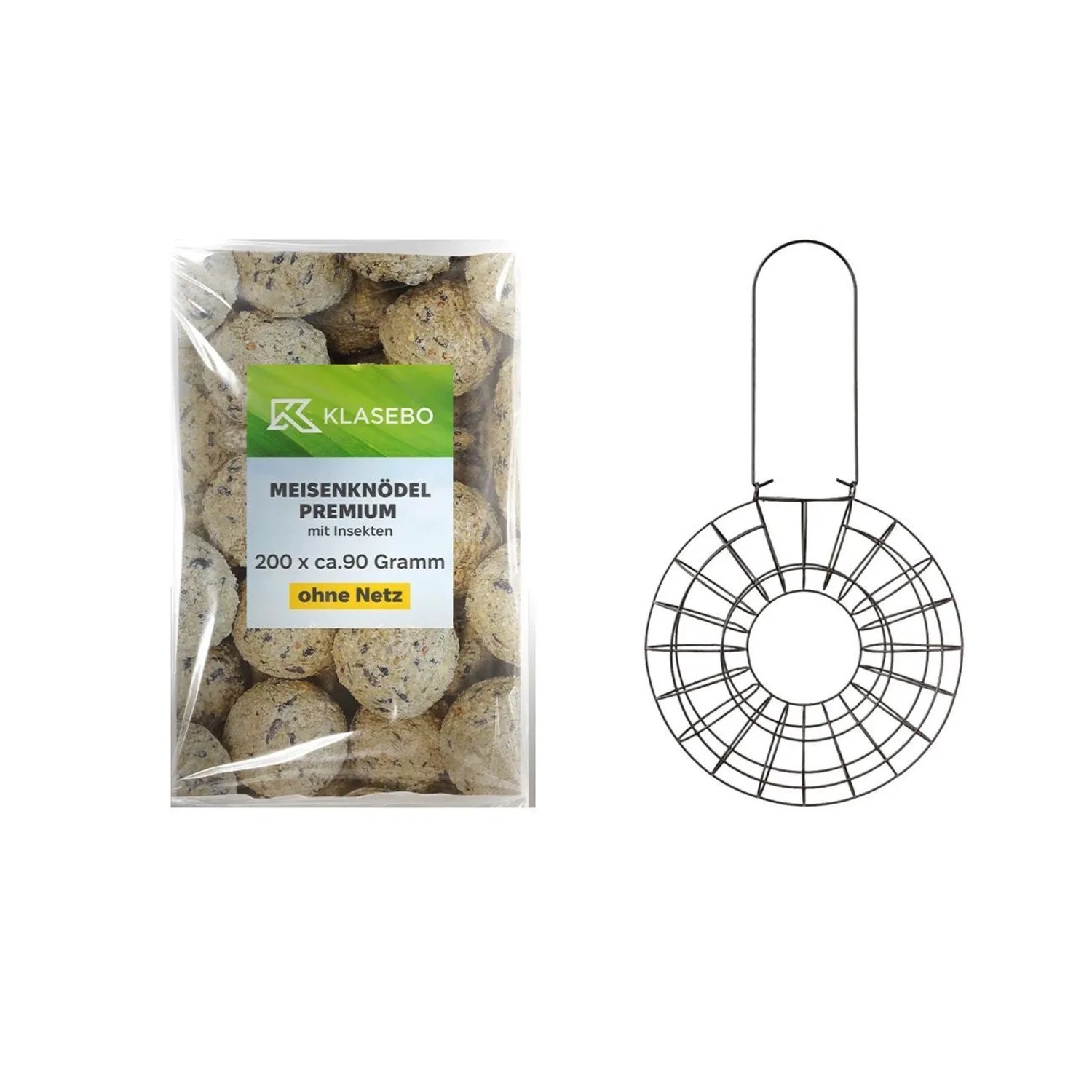 KLASEBO Meisenknödel-Set 200 Stück 90 g mit Insekten & Mehlwürmern Metall-Futterspender Ø24x8 cm