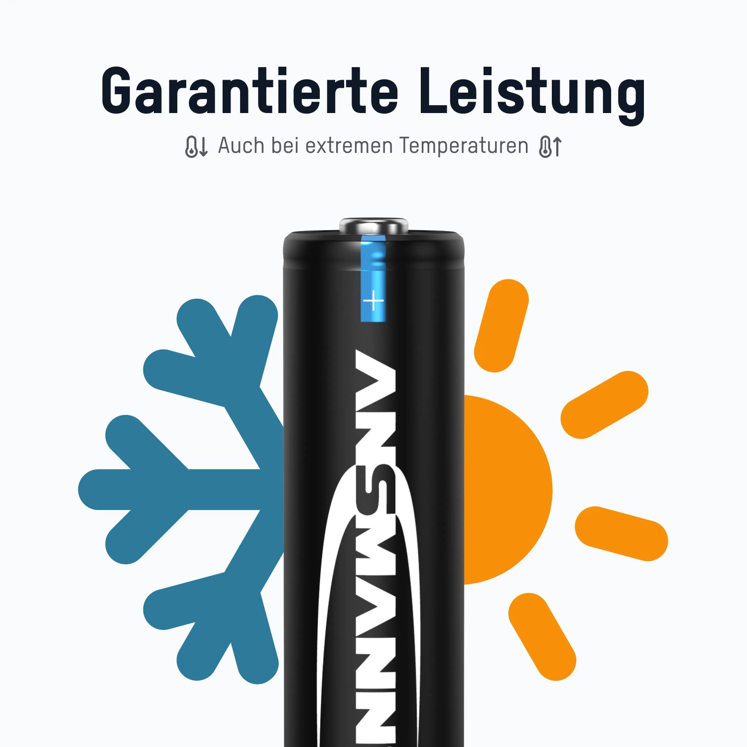 Schwarzer ANSMANN Mignon AA Akku mit Schneeflocke und Sonne, symbolisiert Leistung bei extremen Temperaturen.