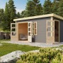 Terragraues Karibu Holz-Gartenhaus Vännersborg mit Flachdach und Doppeltüren in naturbelassenem Holz.