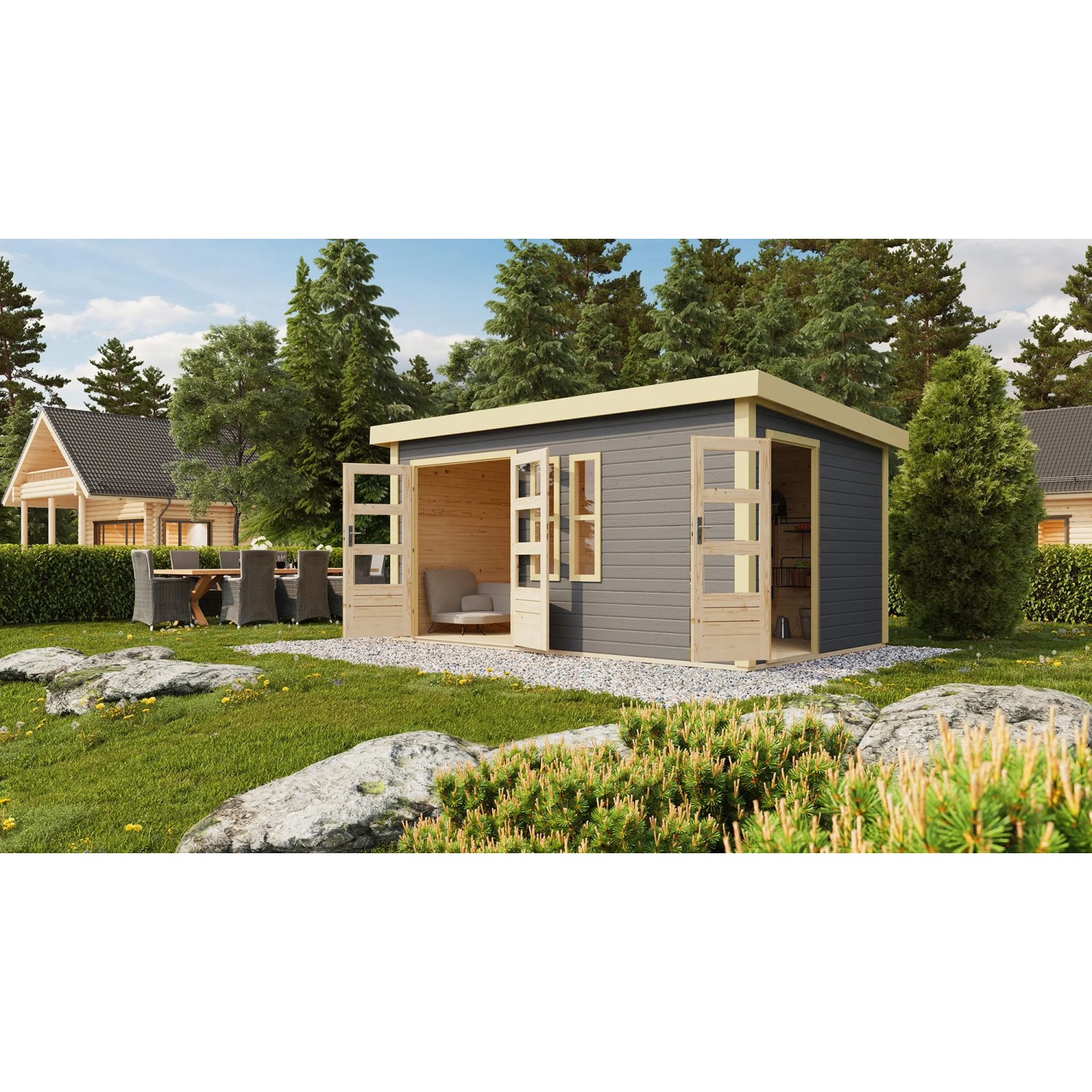 Terragraues Karibu Holz-Gartenhaus Vännersborg mit Flachdach und Doppeltüren in naturbelassenem Holz.