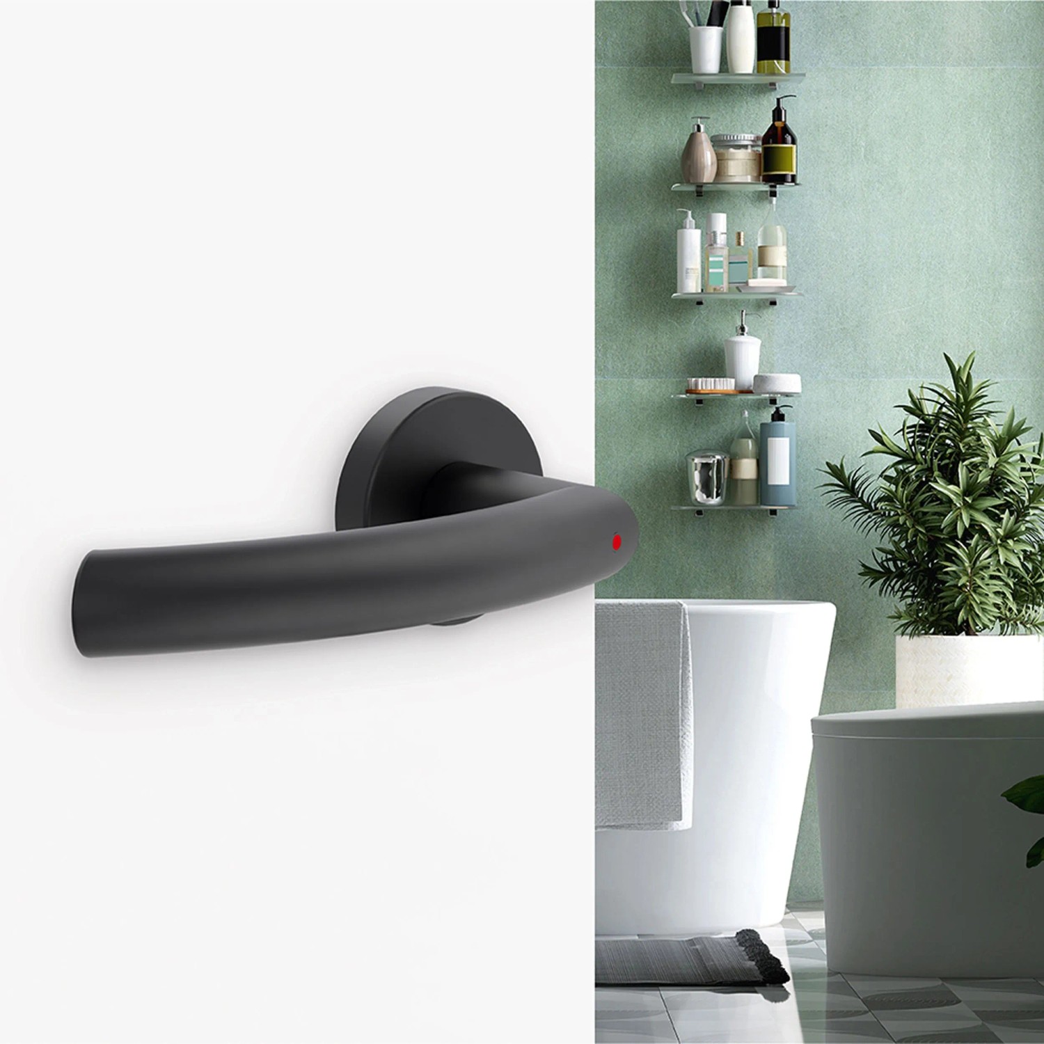 Schwarze Novadoors Nova Amico Smart2Lock Türgriffgarnitur für Innentüren, rosettenlos, mit roter Anzeige im Bad.