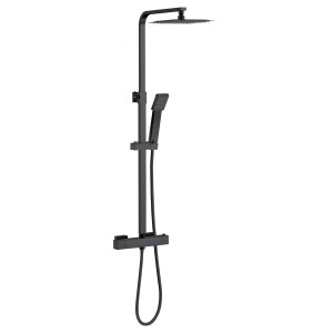 Schwarze AICA Thermostat Duscharmatur mit Regendusche und Handbrause.