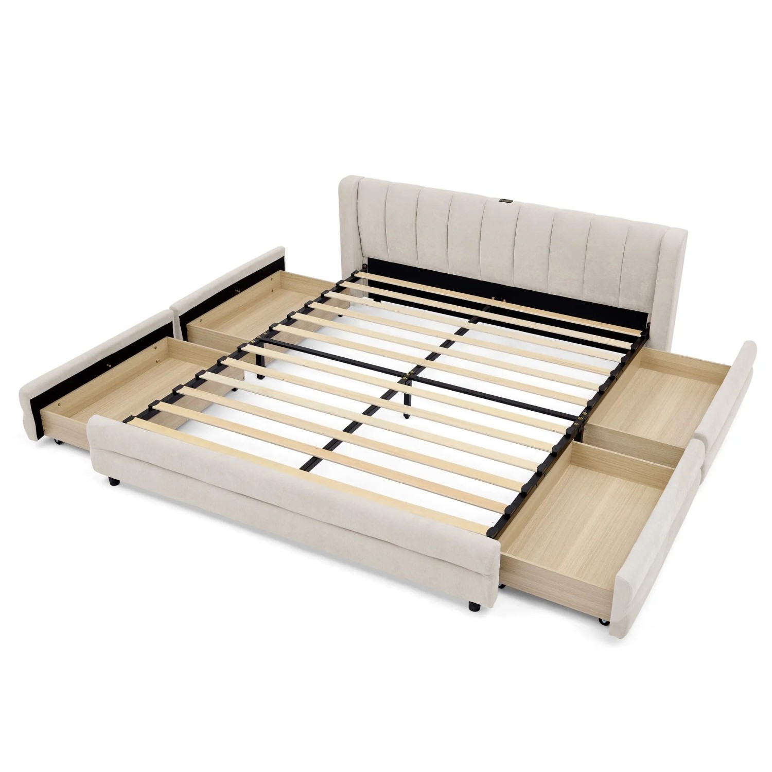 okwish Einzelbett 140x200cm mit USB Fächern Chenille Kinderzimmer Beige ohne Matratze