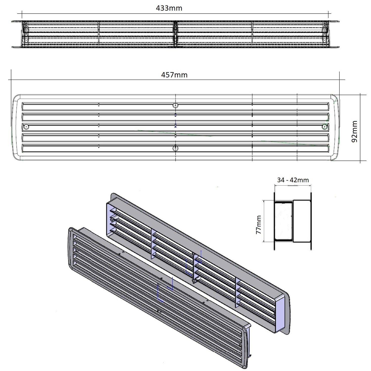 MS Beschläge Türgitter Buche, Kunststoff Lüftungsgitter für Raumbelüftung, 457x92mm.