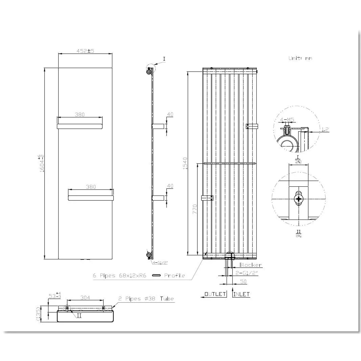Technische Zeichnung: Glasdeals Badheizkörper LIANO 160x45cm, Mittelanschluss, weiße Ausführung.