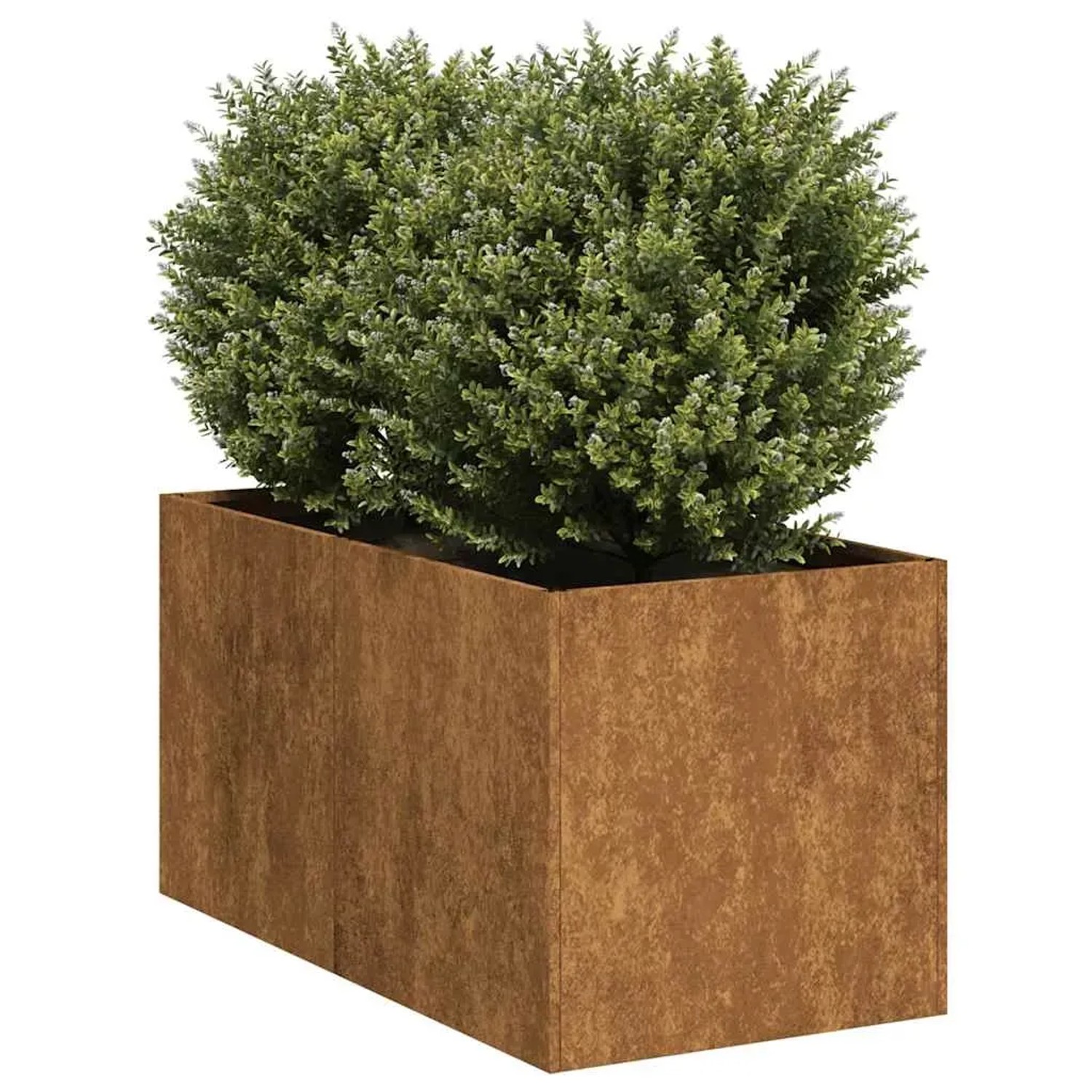 Rechteckiger Pflanzkübel aus wetterfestem Stahl in Rostoptik, 40x80x40 cm, mit grüner Pflanze.