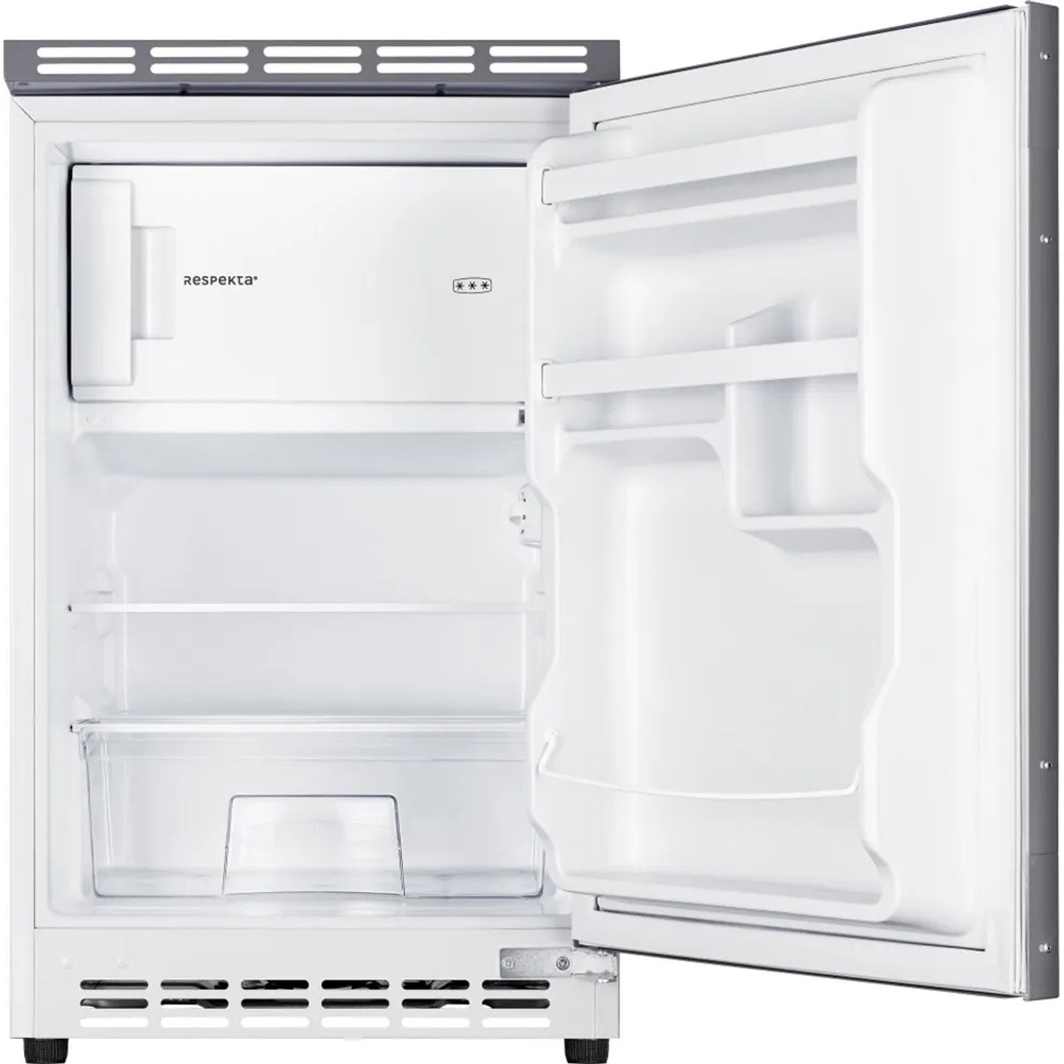 Respekta Unterbaukühlschrank (EEK E) mit geöffneter Tür, Innenraum mit Fächern und Schublade.