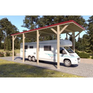 Holzbrüder Camping-Carport Ralf Natur mit rotem Blechdach und Wohnmobil.