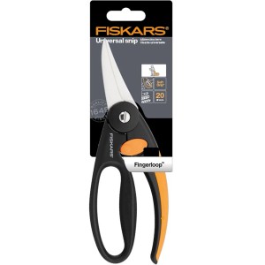 Fiskars Allzweckschere Elegance P45, Gartenschere mit schwarzen und orangefarbenen Griffen.