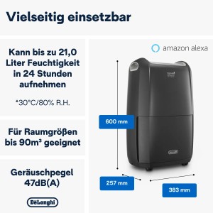 DeLonghi Luftentfeuchter-Set, 2-teilig, mit Maßangaben und Alexa-Kompatibilität.