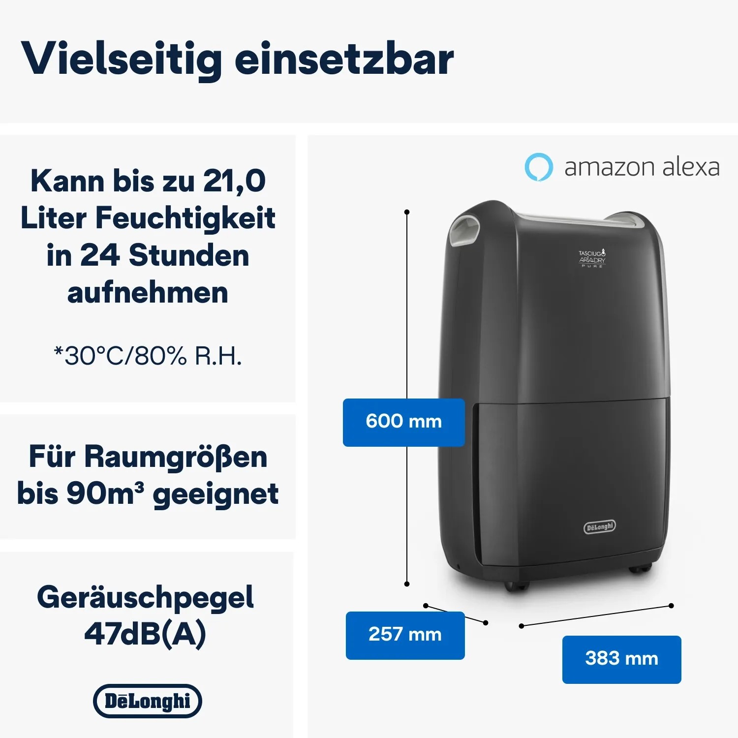 DeLonghi Luftentfeuchter-Set, 2-teilig, mit Maßangaben und Alexa-Kompatibilität.