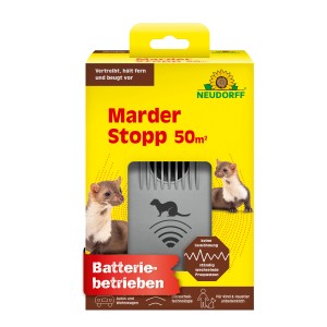 Neudorff Marderstopp 50m²: Marderschreck mit Ultraschall-Technologie im gelben Karton.