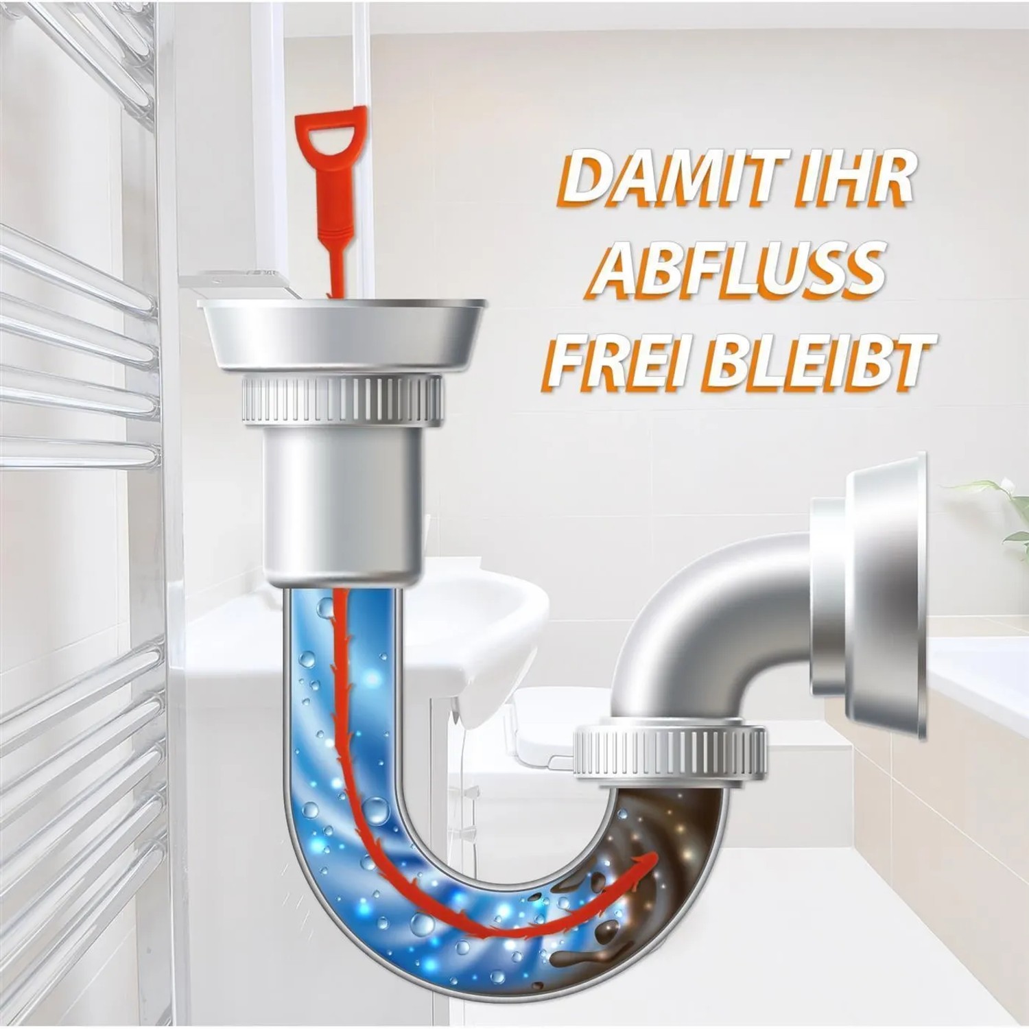 Bestlivings Abflussreiniger im Einsatz: Abflussschlange beseitigt Verstopfung im Waschbecken.