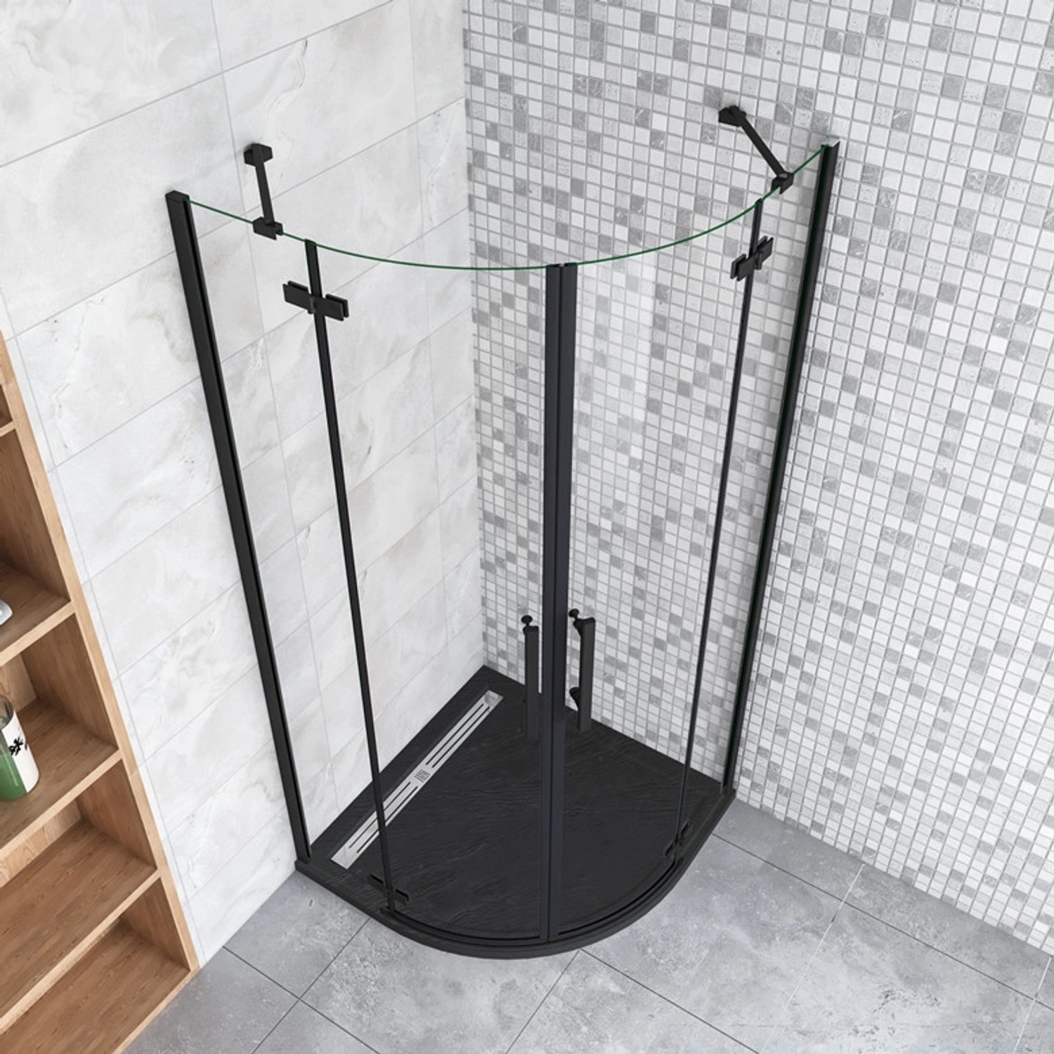 Duschparadies Duschwanne Duschtasse 90x90x3cm für Duschkabine Duschwand SteinEffekt Viertelkreis Runddusche Schwarz mit Ablaufabdeckung Ablaufgarnitur_3