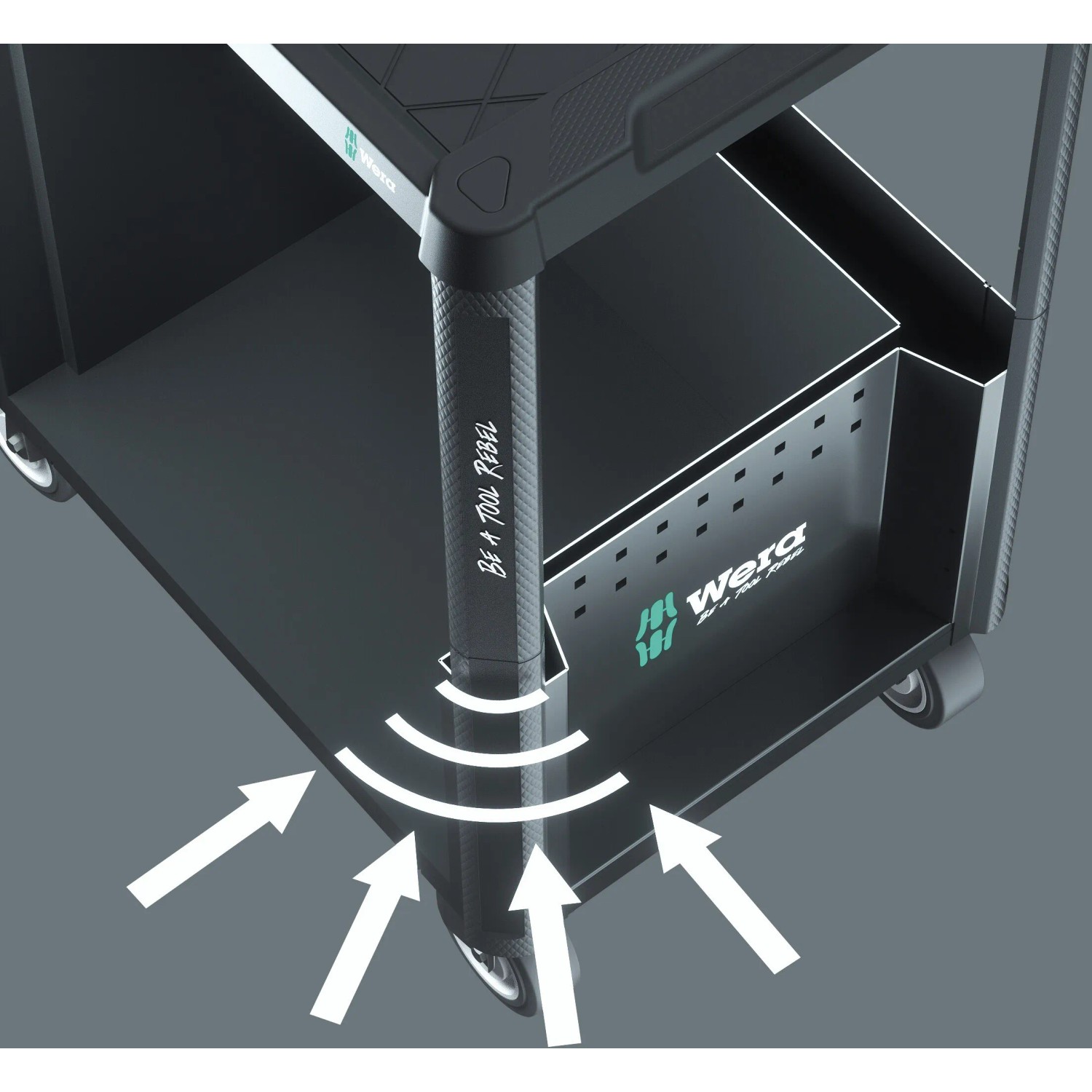 Detailaufnahme: Wera Werkstattwagen 9700 Tool Rebel, robuste Bauweise mit Rollen und Ablageflächen.