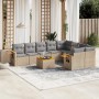 Beige 10-tlg. Garten-Sofagarnitur aus Rattan mit grauen Kissen und Tisch für Terrasse oder Garten.