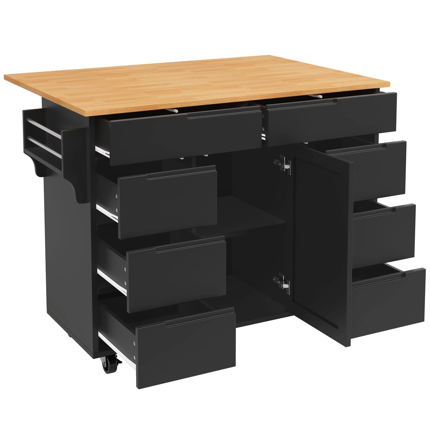 okwish Kücheninsel mit Rollen Arbeitsplatte Gewürzregal Schubladen Küche 122x74x91cm Schwarz