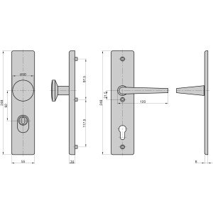 Technische Zeichnung: Basi Schutzbeschlag Alu F1 Wechsel-Garnitur, Maße für Türstärke 50-70 mm.