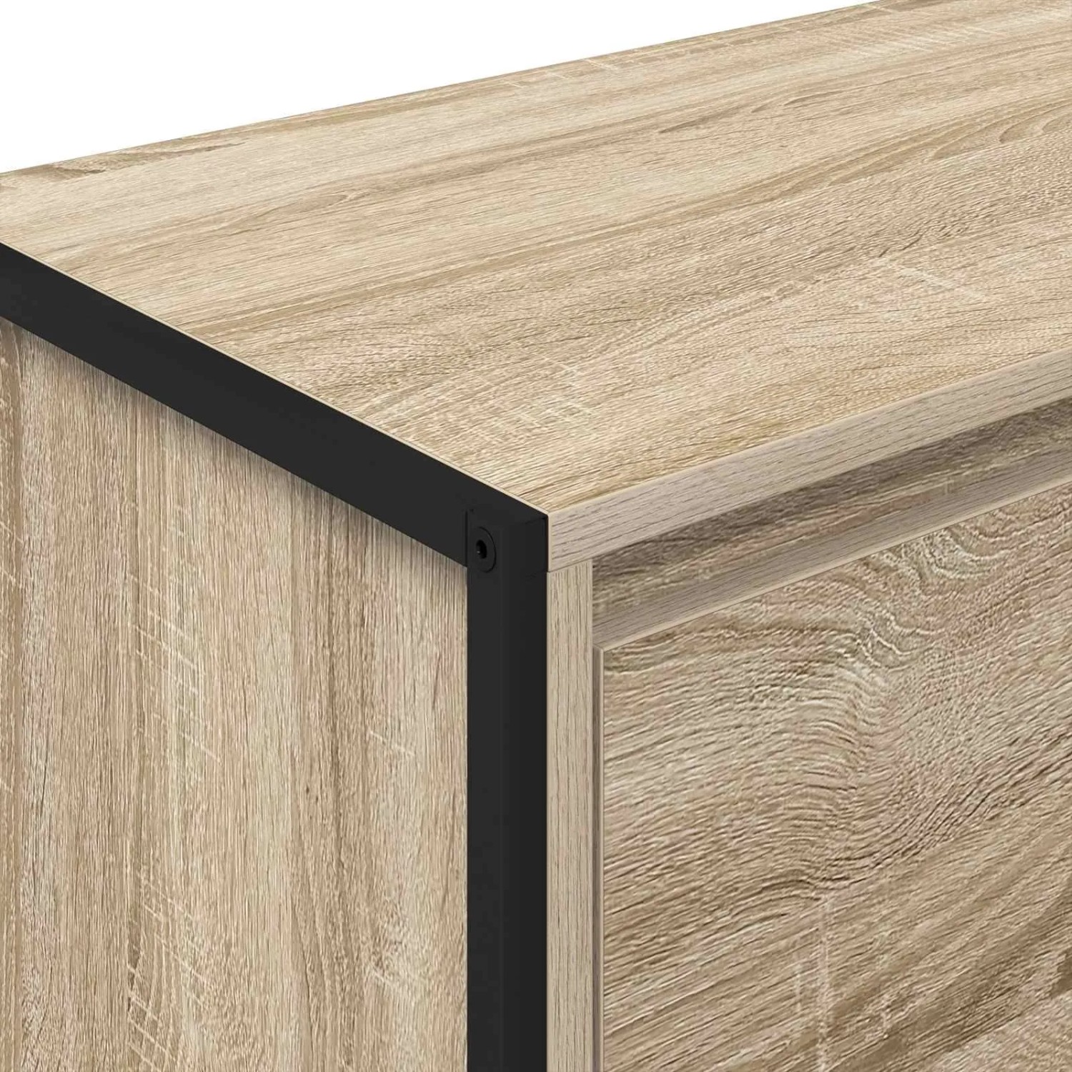 Detailansicht des vidaXL Seitenschranks Sonoma. Helle Holzoptik aus Holzwerkstoff mit schwarzem Metallrahmen. Ideal für Wohnzimmerschränke.