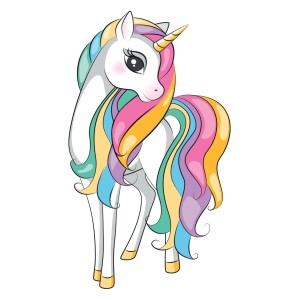 Wandtattoo: Weißes Einhorn mit bunter Mähne, 8,5x15cm, für Kinderzimmer.