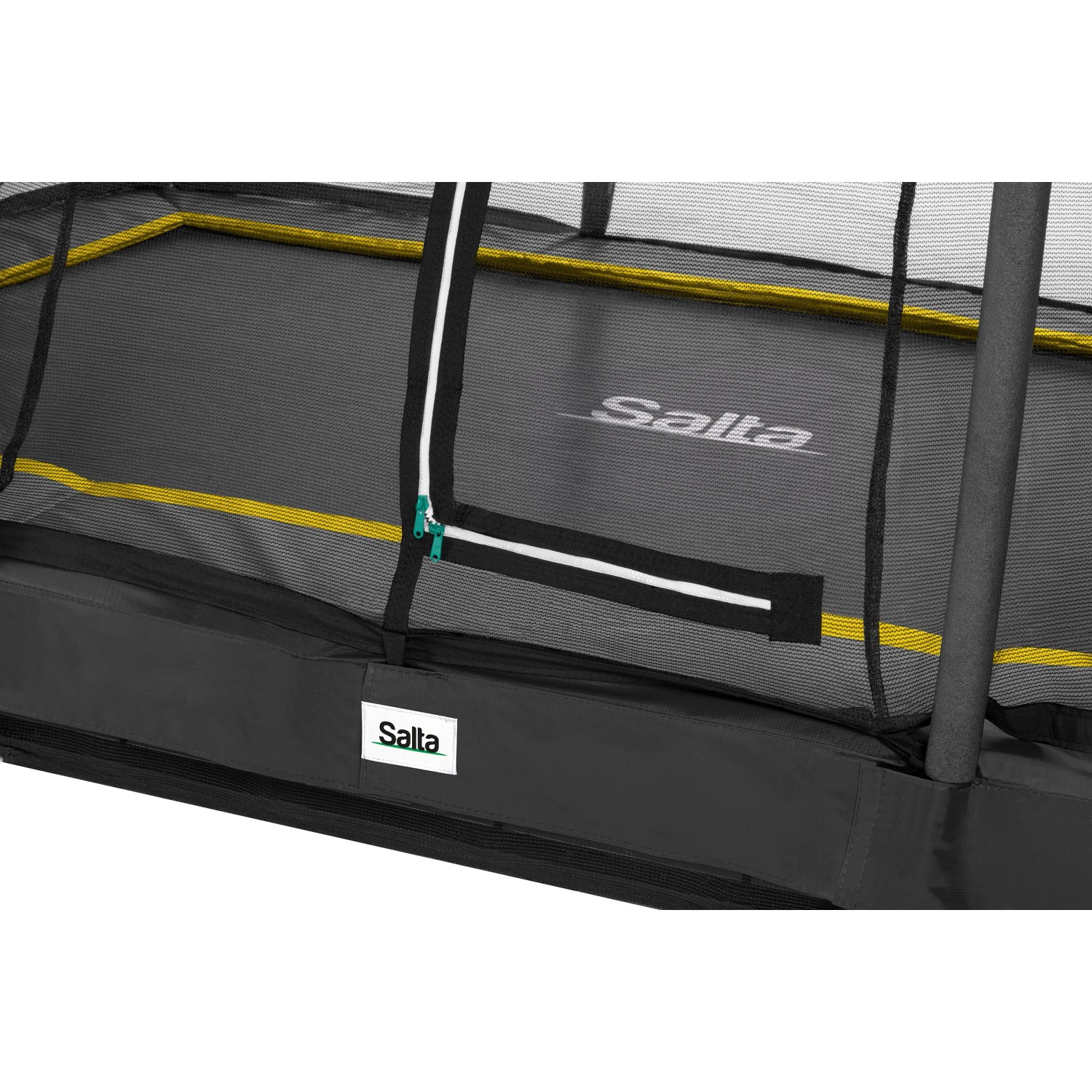 Detailansicht: Schwarzes Salta Comfort Edition Ground Trampolin mit Sicherheitsnetz.