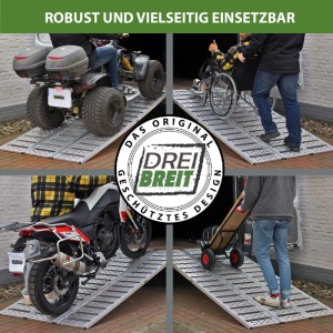 DREIBREIT Alu Auffahrrampe, klappbar, für Motorrad, Quad, Rollstuhl und Sackkarre. Tragkraft 1020kg.