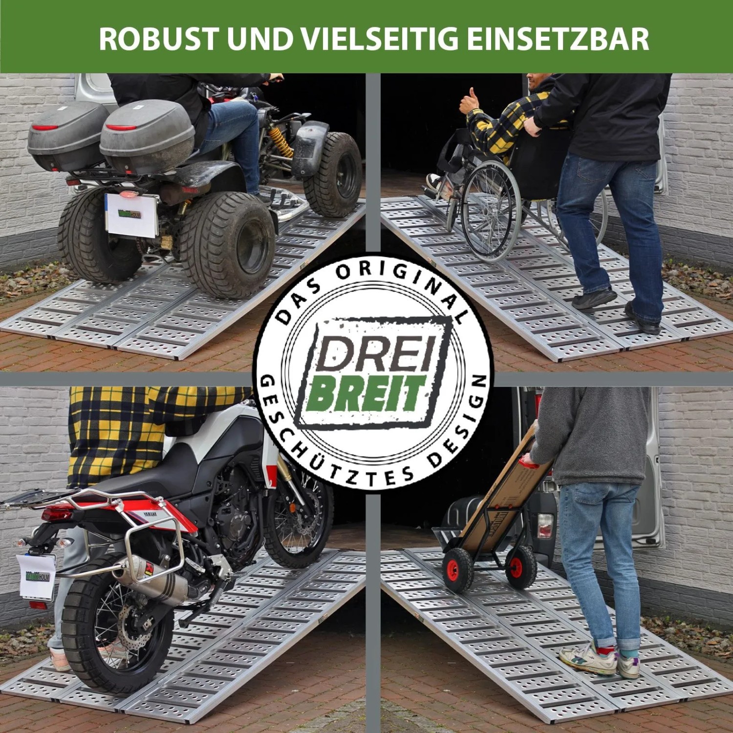 DREIBREIT Alu Auffahrrampe, klappbar, für Motorrad, Quad, Rollstuhl und Sackkarre. Tragkraft 1020kg.