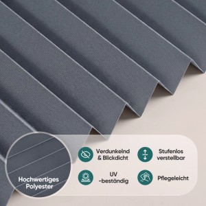 Dunkelgraues Verdunkelungsplissee aus Polyester-Glattgewebe, Klemmfix ohne Bohren, UV-beständig, stufenlos verstellbar.