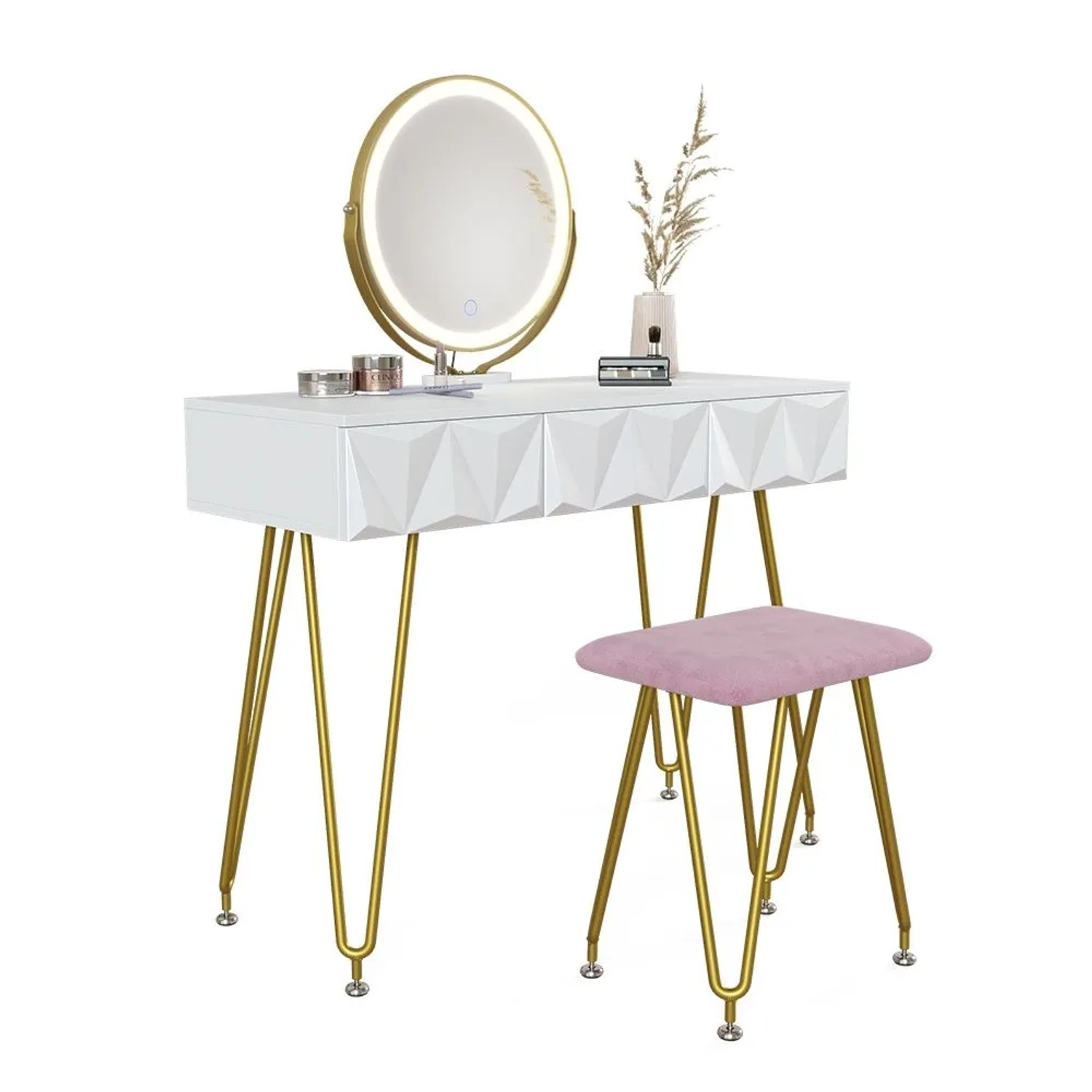 Vicco Schminktisch Ruby Weiß 100 x 122 mit LED-Spiegel und Hocker