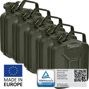 5er Set bronzegrüne 5L BW Kraftstoffkanister aus Metall, TÜV-geprüft & UN-Zulassung