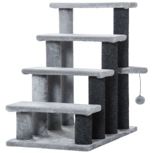 Graue PawHut Haustiertreppe mit 4 Stufen, Kratzbaum und Spielball für Katzen.