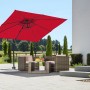 Roter Schneider Ampelschirm 340x270 cm mit Dreh- und Neigungsfunktion über einer Sitzecke.