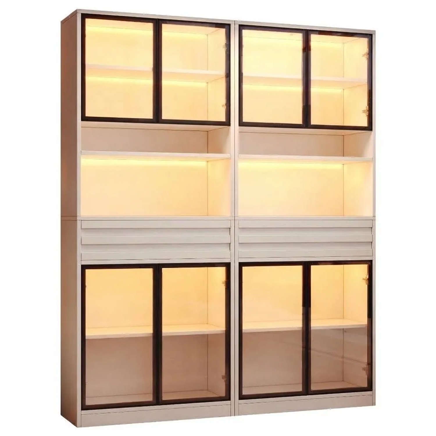 Merax Vitrine Set 2 Teilig mit LED 8 Glastüren 2 Schubladen Weiß