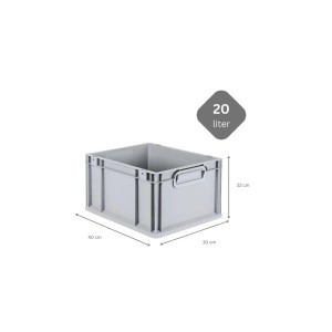 Graue PROREGAL Eurobox NextGen, 20 Liter, mit Griffen und Maßangaben. Ideal zur Aufbewahrung.