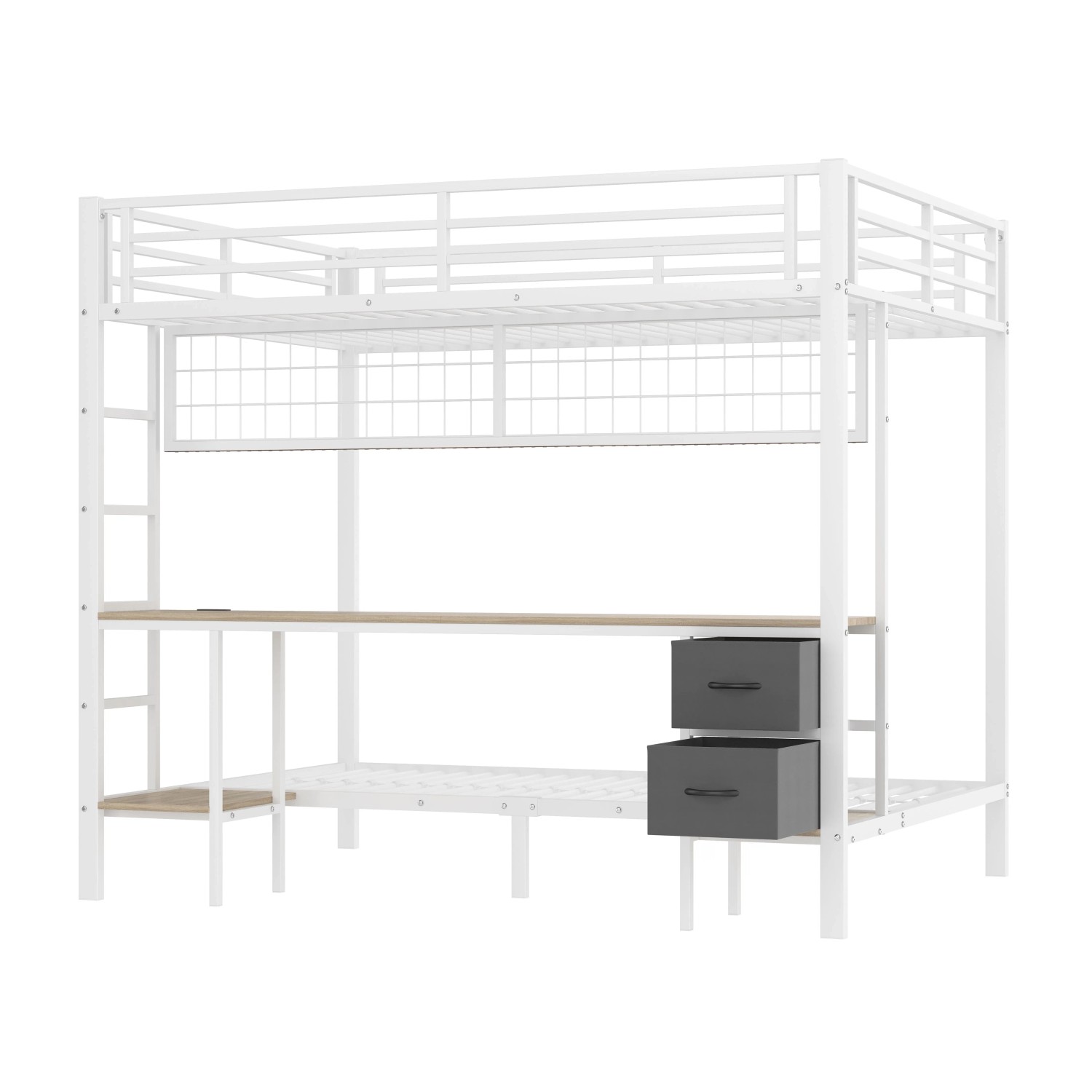 okwish Hochbett 90x200cm mit Schreibtisch und LED Leiste Weiß ohne Matratze