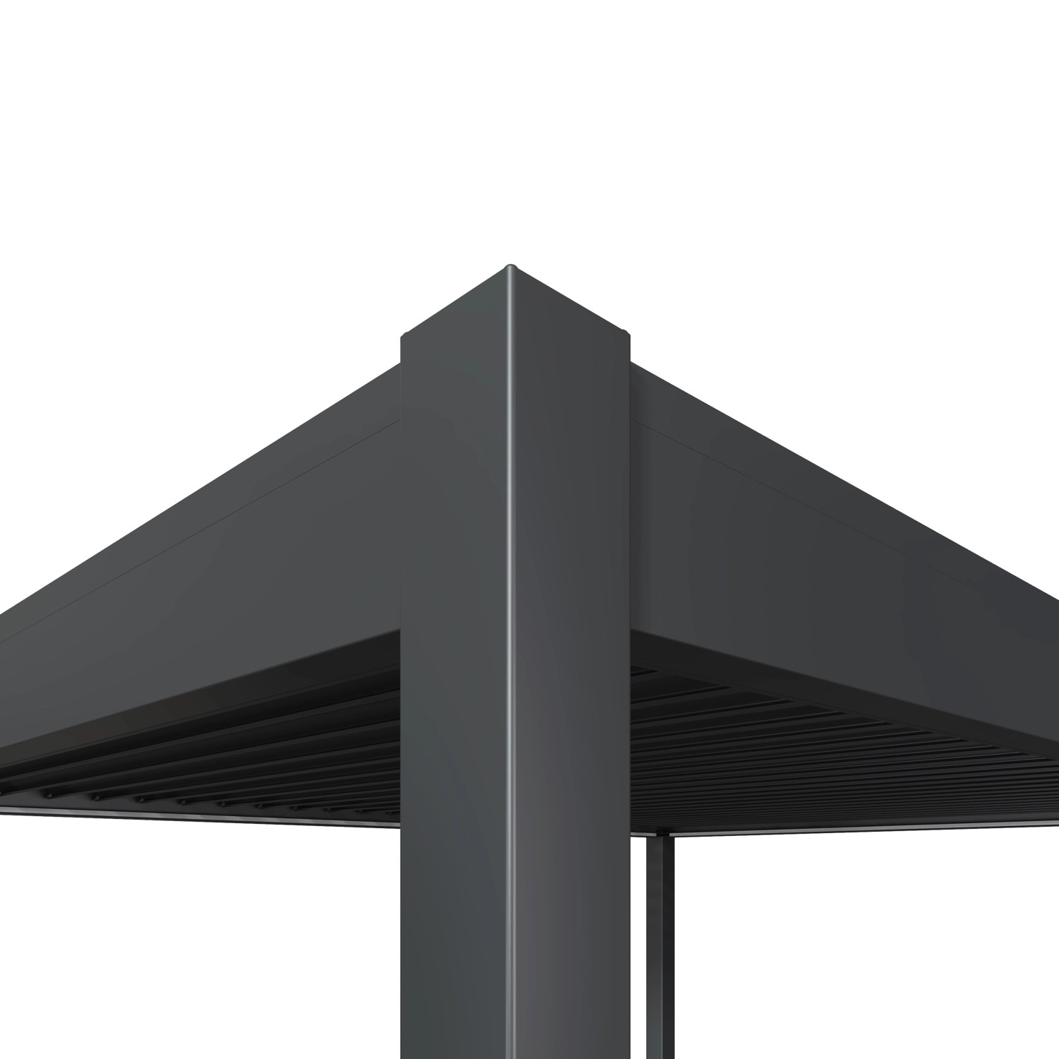 Detailansicht der anthrazitfarbenen Weide Deluxe Aluminium Pergola mit LED, Fokus auf Ecke und Lamellendach.