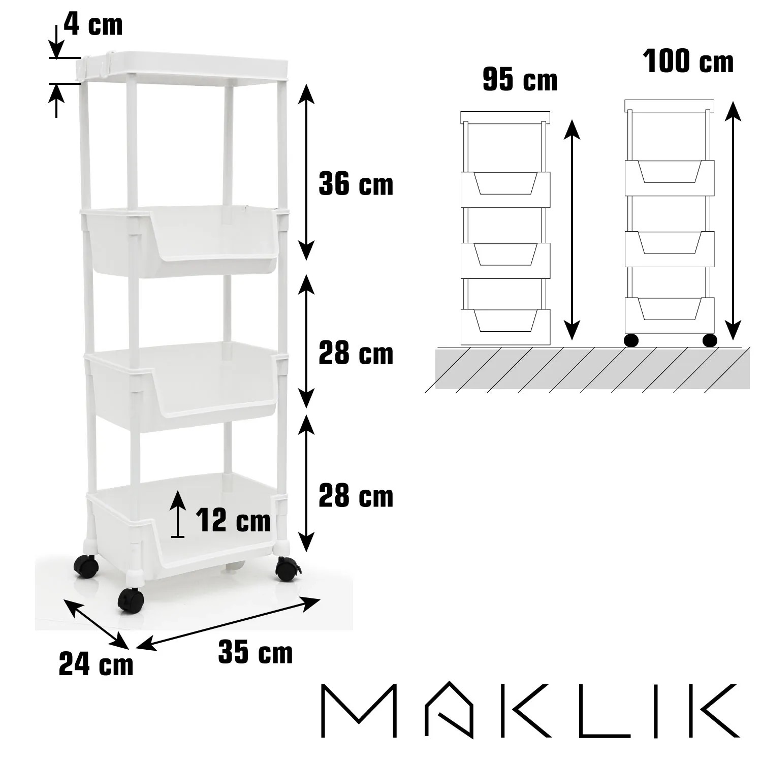 MAKLIK Küchenrollwagen 2er Set, weiß, 35x24x100cm, mit 4 Ablagekörben und Maßangaben.