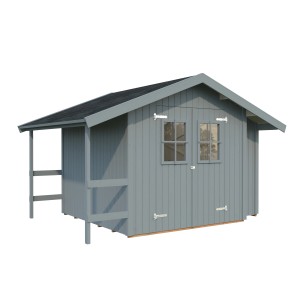 Hellgraues Palmako Gerätehaus Marcus mit Anbau und Doppeltür mit Fenster.