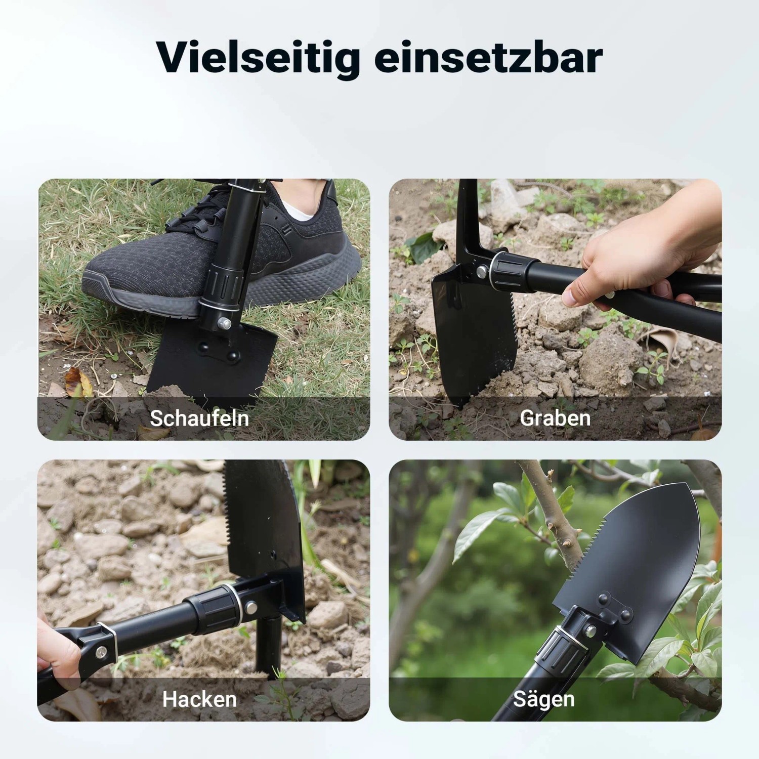 Wiltec Klappspaten 58cm: Schaufeln, Graben, Hacken, Sägen. Robustes Outdoor Multifunktionswerkzeug aus Stahl.