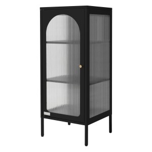 Schwarze ML-Design Vitrine aus Stahl, 102,5 cm hoch, mit geriffelter Glastür und 2 Einlegeböden.