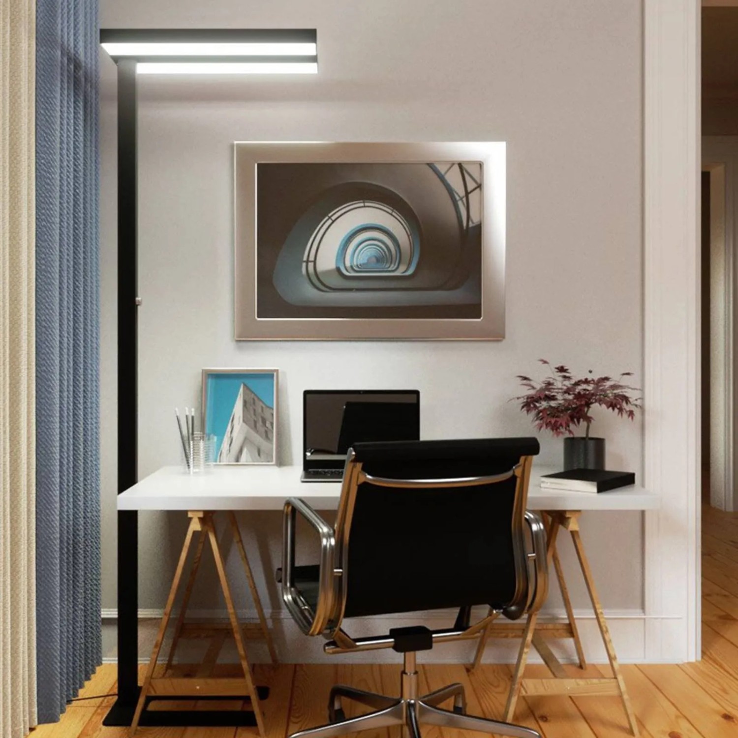 Moderne, dimmbare Arcchio LED Bürostehleuchte Logan in Schwarz, 2-flammig, im Arbeitszimmer.