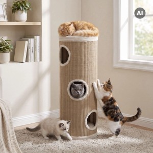 Fudajo Forest Kratztonne Gelb-Creme 106Cm Ø40Cm Kratzturm Kratzbaum Katzentonne