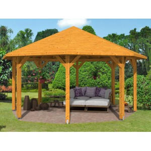 Skan Holz Pavillon Nice 3, Leimholz, 557x557 cm, Eiche hell, mit Massivholzdach im Garten.