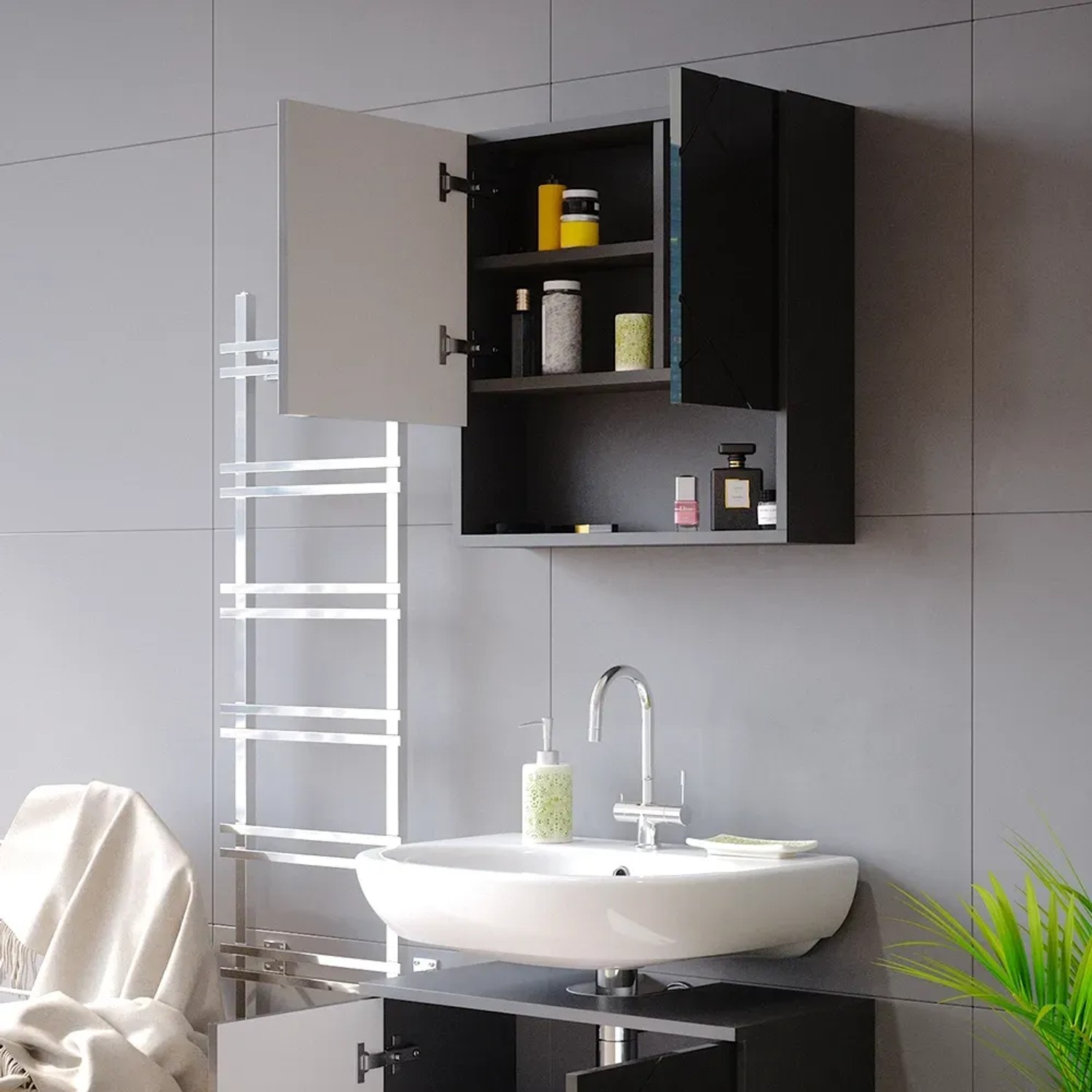 Vicco Badspiegelschrank Irma, anthrazit hochglanz, 54x55 cm, mit offenen Fächern im Badezimmer.