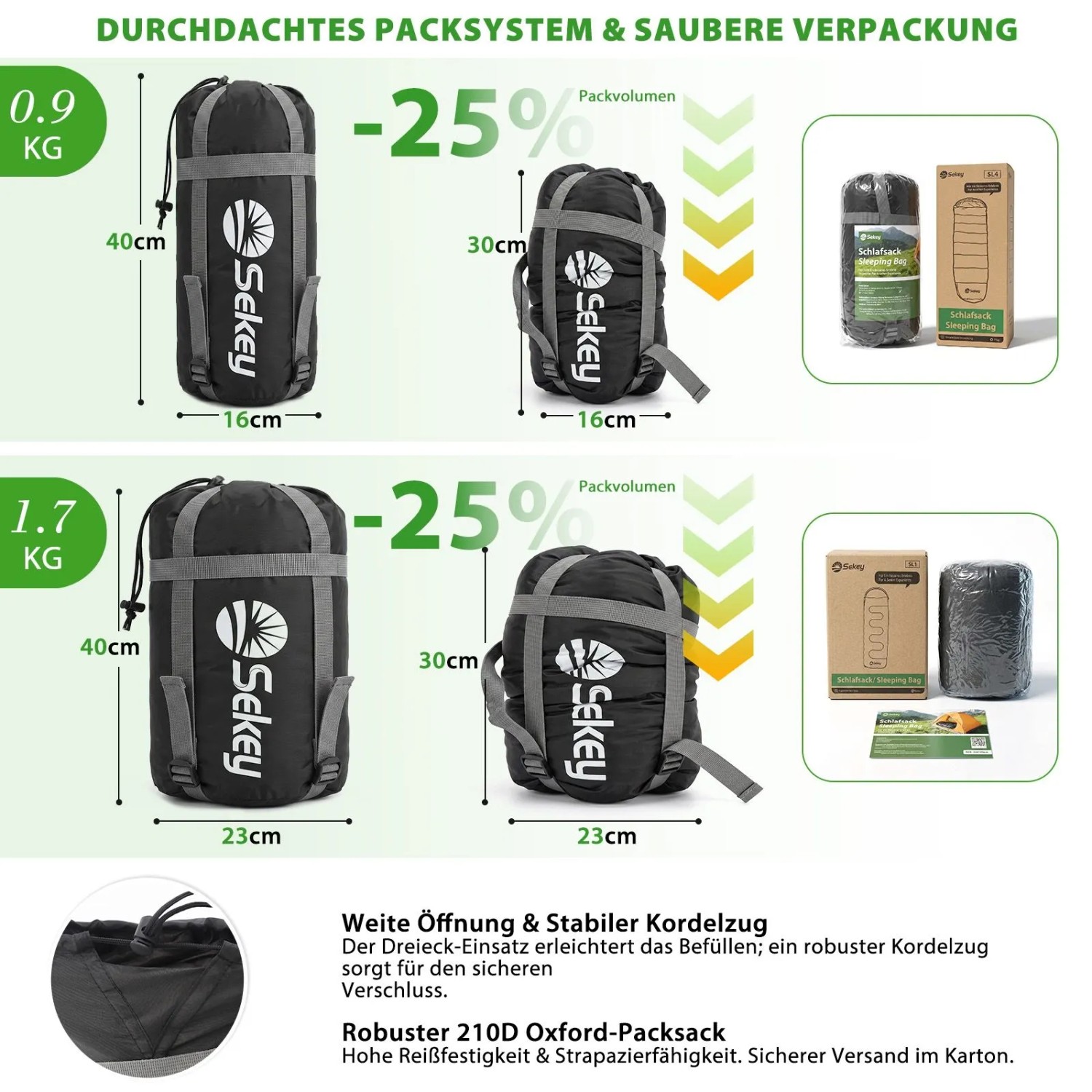 Sekey Mumienschlafsack im Packsack, 0,9 kg und 1,7 kg Varianten für Camping.