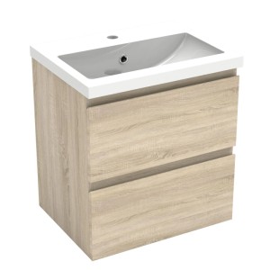 AICA Waschtisch mit Unterschrank, 50 cm, Eiche matt, 2 Schubladen und Mineralguss-Waschbecken.