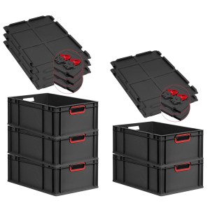 PROREGAL SuperSparSet: 5 schwarze Euroboxen mit roten Griffen und Scharnierdeckel, gestapelt.