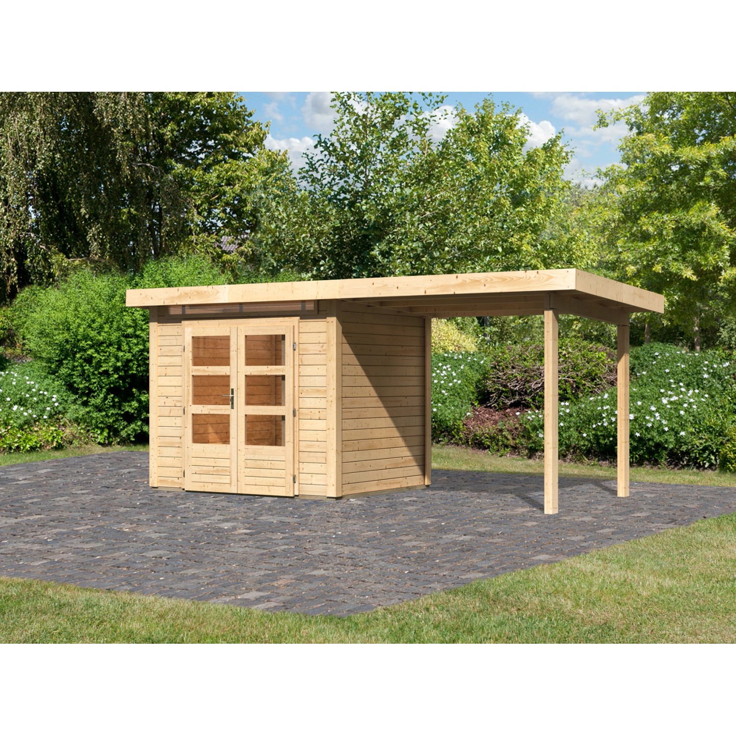 Karibu Gartenhaus/Gerätehaus Set Kumla 2 Naturbelassen mit Anbaudach 235 cm Breit 4,5 m²
