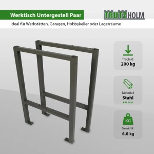TRUTZHOLM Werktisch Untergestell, Stahlgestell, 2er Set, grau, bis 200 kg Traglast.